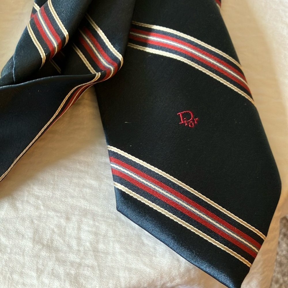 Christian Dior: Classic Navy Striped Tie- Made in USA - Picture 10 of 16